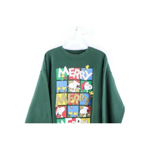 Vintage 90s Peanuts Womens XL Faded Snoopy Merry Christmas Sweatshirt Green USA - Picture 2 of 9